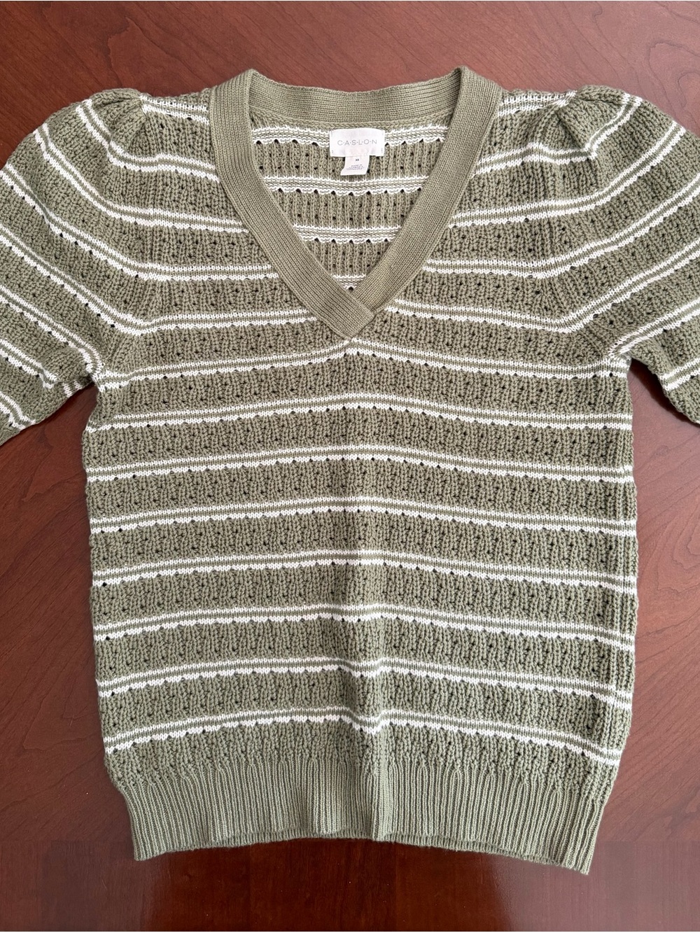 Caslon Olive and White Striped V‑Neck Knit Top